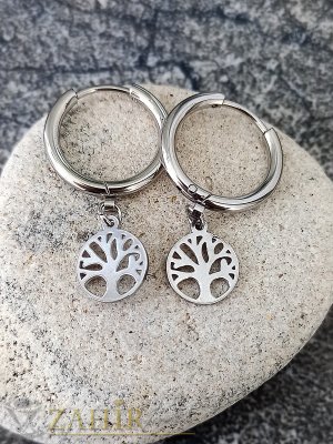 Малки халки от неръждаема медицинска стомана с 2 лица ,диаметър  1,7 см с висулки Дървото на живота 0,8 см, стабилно закопчаване - O2847